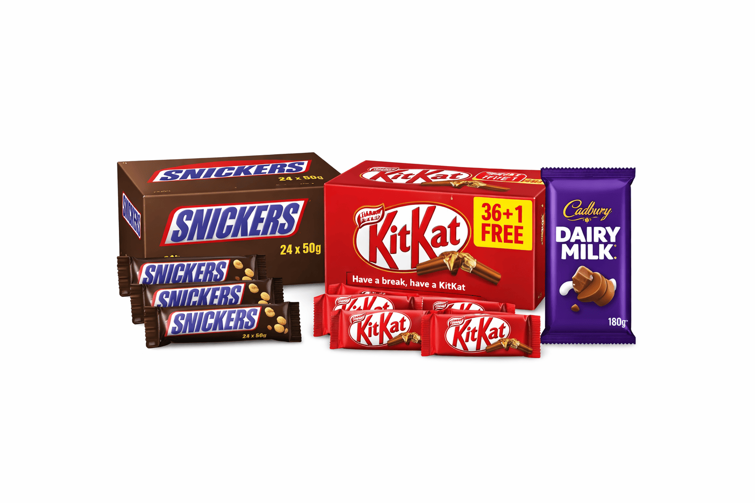 8991b079c309861bc4eaeb1ccb4beaca (2) Snickers 40 g x 24 Pcs + KitKat 20.7 g x 36 Pcs + 1 Free Cadbury Dairy Milk 180 - Image 1