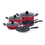 Royalford 10pcs Non Stick Cookware Sets RF12146 Strong Aluminum Body Bakelite Handles Coated Interior Tempered Glass Lids Spiral Bottom Quick Heat Distribution Compatible with Gas & Most Cook Tops