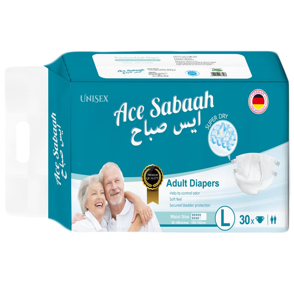 2533446dd999680ce4d719b16fab76a8 Ace Sabaah Adult Diaper Size L Waist 100–150cm Pack of 30 Pieces حفاضات الكبار آيس صباح مقاس L محيط الخصر 100–150 سم عبوة 30 قطعة - Image 1