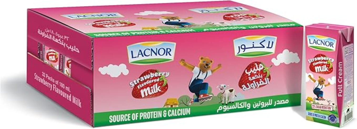 759cbd3a8cb4ae089b728ab4582e9293 (1) Lacnor Essentials Strawberry Milk 180ml × 32 حليب لاكنور إسينشالز بالفراولة 180 مل ×32 - الصورة 1
