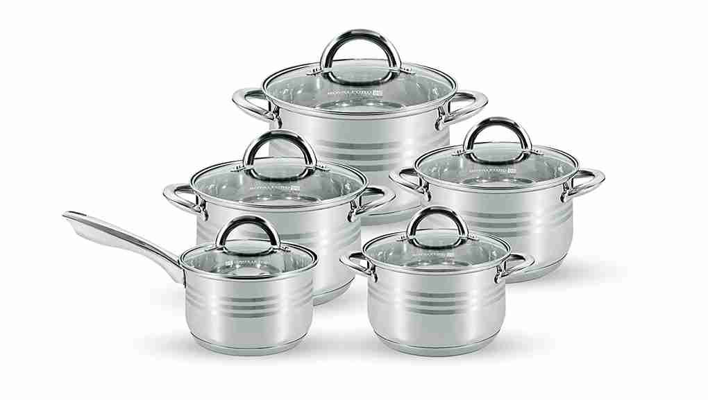 Royalford 10Pcs Stainless Steel Cookware Set, Rf10390 - Induction Compatible Base, Dishwasher-Safe, Strong, Heavy-Duty Riveted Handles, Silver_11zon Royalford 10Pcs Stainless Steel Cookware Set, Rf10390 - Induction Compatible Base - Image 1